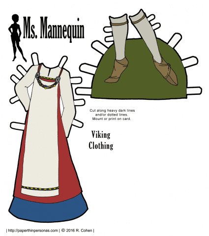 Historical viking clothing for the Ms. Mannequin paper doll series with shoes and stockings. Free to print in color or black and white.
