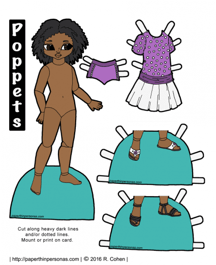 Meet my attempt to draw a black paper doll with natural hair she has panties, shoes and a purple and white dress. Part of the Poppet paper doll series from paperthinpersonas.com. Free to print in color or black and white.