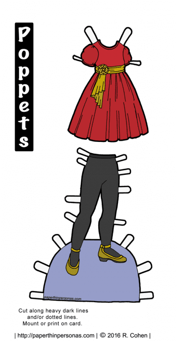 A child paper doll's Holiday party dress with black tights and shoes. Free printable paper doll dress in color or black and white from paperthinpersonas.com