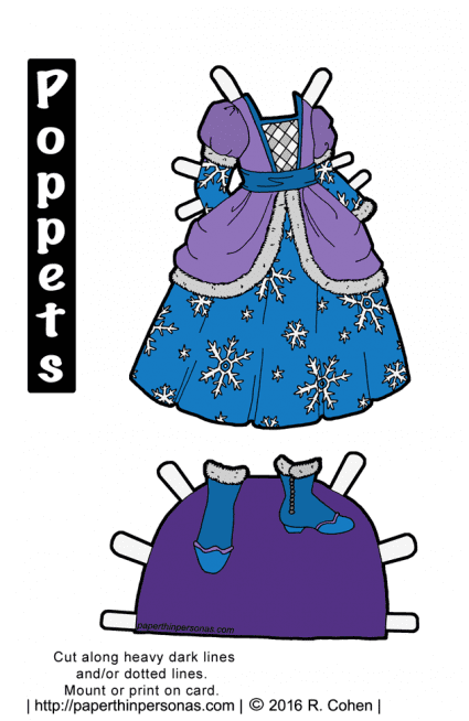 A snow princess paper doll fantasy dress in color, but also available in black and white. Free to print from paperthinpersonas.com