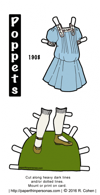 Today the Popper paper dolls are visiting 1908 and get some Edwardian children's clothes and shoes. The paper doll dress can be printed in color or black and white from paperthinpersonas.com.