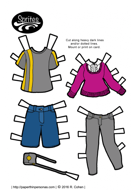 Jean shorts, t-shirt for the guy paper dolls and a sweater with skinny grey jeans for the lady paper dolls. Free to print from paperthinpersonas.com.