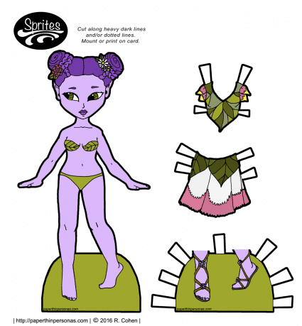 A cute little flower fairy paper doll free to print in color or black and white. 