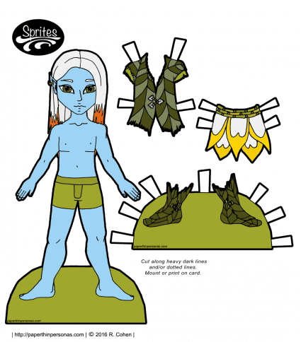 A flower fairy boy paper doll with an outfit in color or black and white. Free to print from paperthinpersonas.com. 