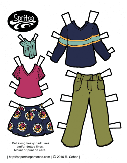 The Sprites printable paper dolls get a pair of contemporary paper doll outfits. One is a skirt and a t-shirt with flutter sleeves, plus a scarf. For the gents, there is a long sleeved t-shirt and a pair of cargo pants. Print in color or black and white. 