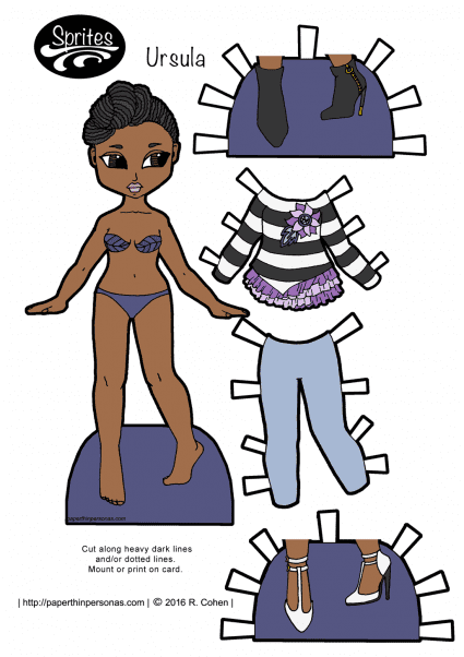 A black paper doll with her dreads in an updo and cute contemporary clothing. Free to print in color or black and white from paperthinpersonas.com.