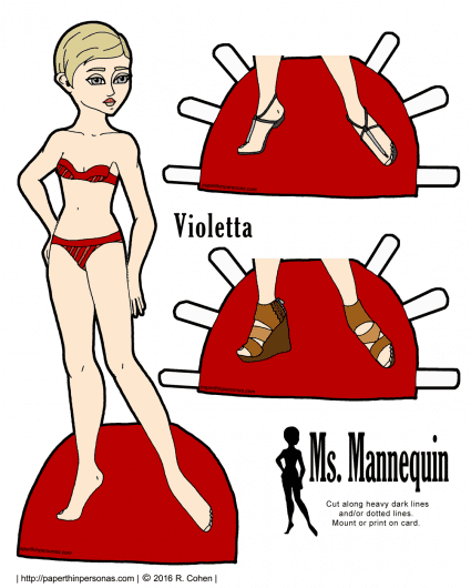 A blond paper doll with blue eyes who can wear any of the Ms. Mannequin paper doll clothing. Free to print from paperthinpersonas.com