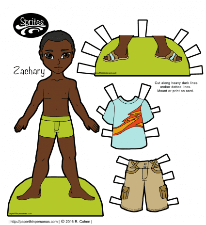 A casually dressed African-American guy paper doll with shorts, sandals and short hair. Part of the Sprites series, he can share clothing with of the other Sprites guys. Free to print in color or black and white.