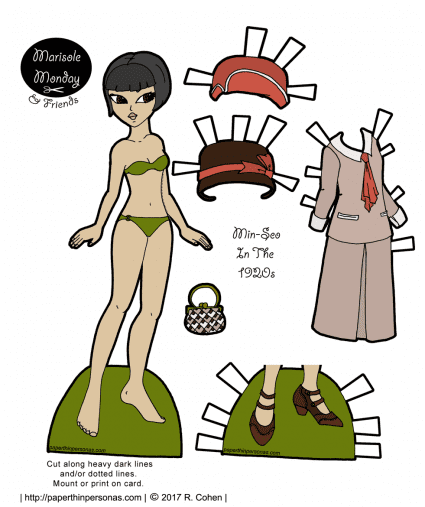 A 1920s fashion paper doll with two hats, shoes, a 1925 dress and a purse. Available in black and white or color from paperthinpersonas.com. 