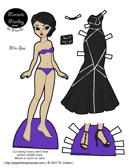 A black and white red carpet evening gown and Asian paper doll with an updo and matching shoes. Printable paper doll in color or black and white. 