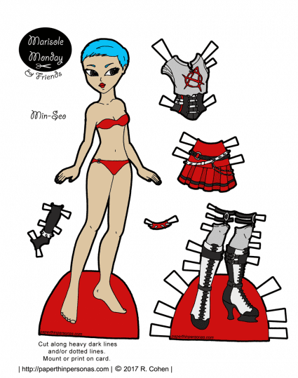 A punk fashion paper doll with blue hair and black nail polish. From paperthinpersonas.com.