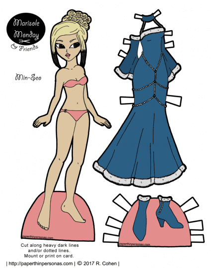 A fur trimmed fantasy gown and an Asian paper doll with blue fur trimmed booties