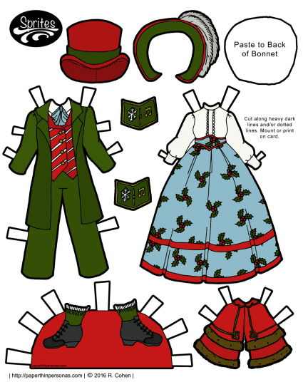A pair of Dickens caroling costumes for the Sprites printable paper doll series in color or black and white. Free to print from paperthinperosnas.com. 