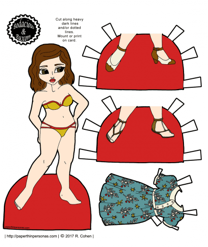A retro inspired curvy brunette paper doll and her vintage styled dress, plus shoes. Part of the Bodacious and Buxom paper doll series, she can wear any of their clothing. Free to print for personal use.