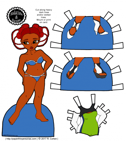 A super cute sci-fi alien paper doll printable with orange skin, wild red hair and three pieces of clothing. Part of the Bodacious and Buxom paper doll series, she can wear any of their clothing. Free to print for personal use