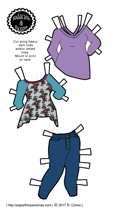 Curvy paper dolls fashions including tunics and jeans. Available in black and white or in color.