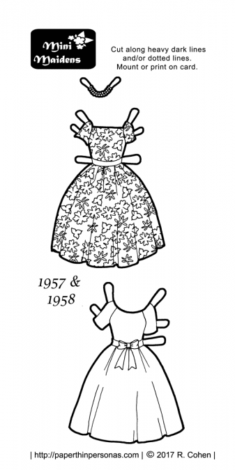 A pair of black and white paper doll 1950s cocktail dresses. The top dress is based on a Vogue sewing pattern and the bottom dress is based on an example from the Philadelphia Museum of Art. Both are available to print and color from paperthinpersonas.com.