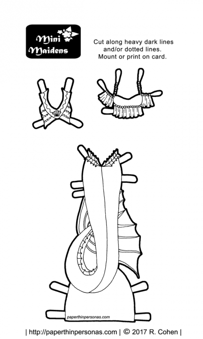 A mermaid paper doll coloring page for the Mini-Maiden printable paper doll series. From paperthinpersonas.com.