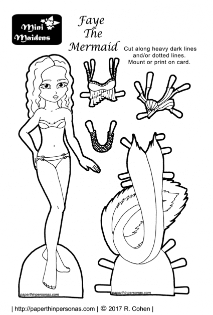 A mermaid paper doll coloring page with a tail and two tops. Free to print from paperthinpersonas.com.