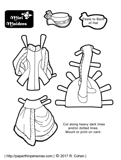A wintertime steampunk costume paper doll coloring sheet for the Mini-Maidens paper doll series.