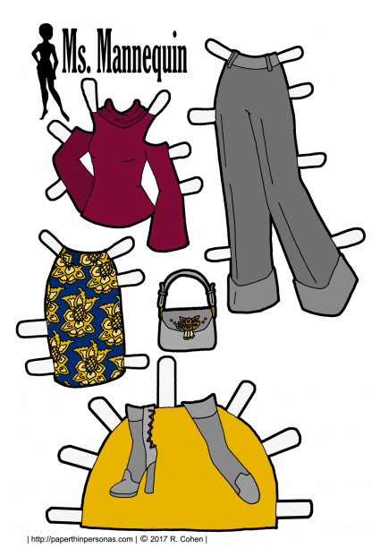 Wide legged trousers, cold shoulder top and a brocade skirt are the latest Fall 2016 fashions. Here they are for the paper dolls in black and white or in full color. Print and play with them from paperthinpersonas.com.