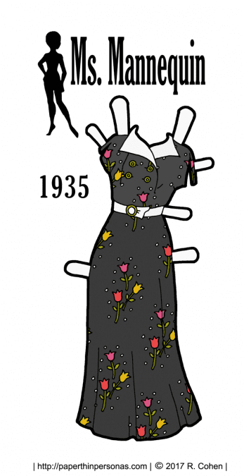 A summery paper doll dress from 1935 based on pattern covers and vintage fabric swatches. Available in color or black and white for coloring.