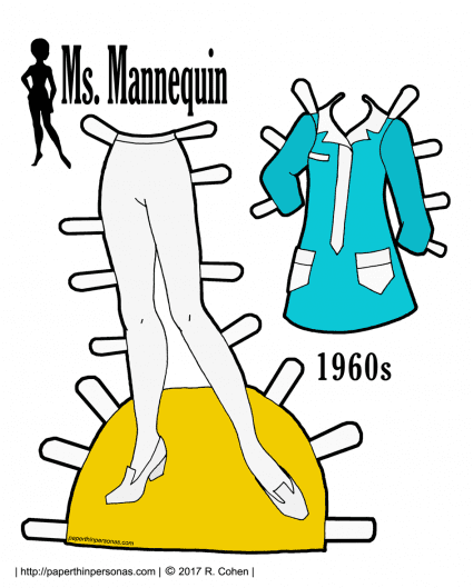 A paper doll foray into 1960s fashion with a blue and white shirt dress and tights. Free to print in color or black and white.