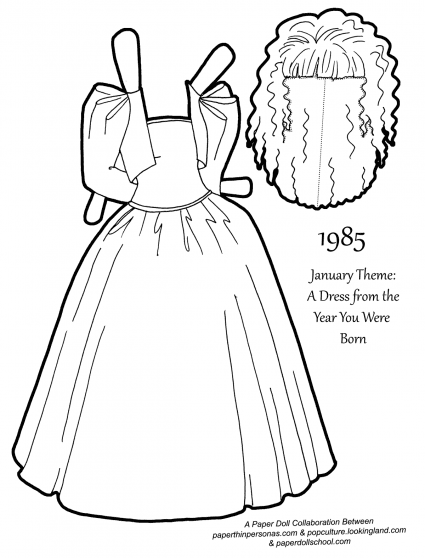 A paper doll coloring page with a dress from 1985, complete with a wig. Inspired by Barbie dresses designed by Oscar De La Renta. Free to print.