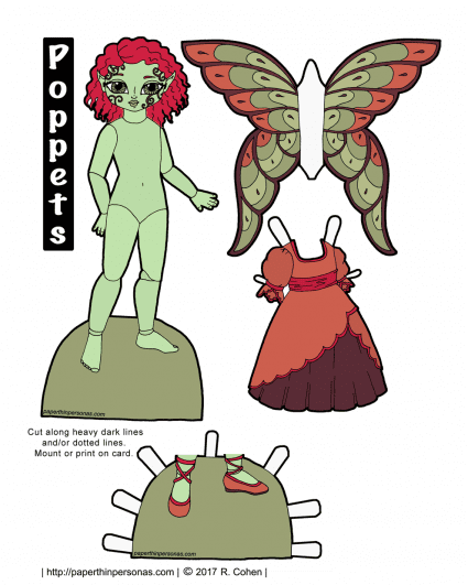A pink haired, pale green skinned, printable fairy paper doll. Part of the Poppet series and free to print in color or black and white.