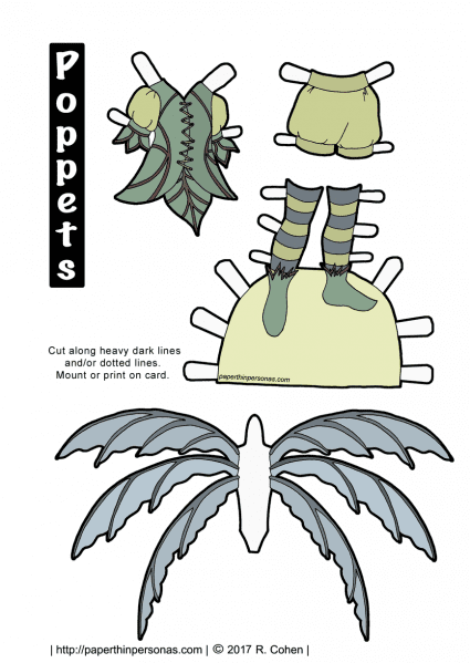 A green and blue fairy paper doll outfit. Free to print in color or black and white.