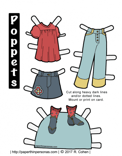 A modern kids clothing paper doll outfit in color or black and white. Part of the Poppets series, it can be worn by any of the Poppets paper dolls. From paperthinpersonas.com.