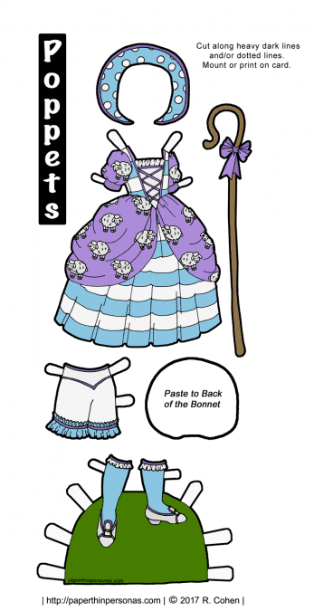 A fun Little Bo Peep activityin the form of a Little Bo Beep printable paper doll costume in color or black and white. Fits any of the Poppet paper dolls.
