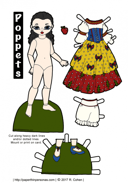 A Snow White paper doll printable with a dress, apple and shoes. Free printable in color or black and white from paperthinpersonas.com.