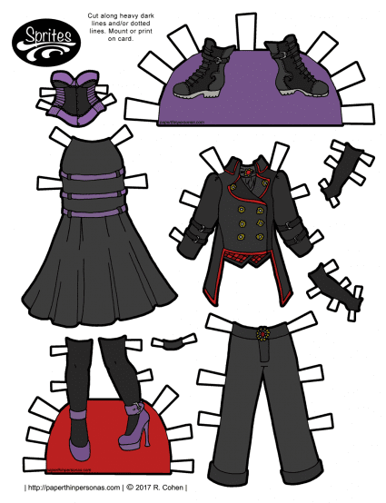 A paper doll page of gothic fashions from the Sprites printable paper dolls in color or black and white. Free to print from paperthinpersonas.com. 