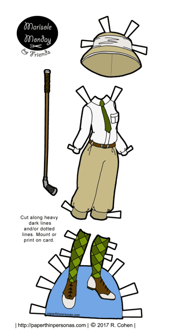 Women's 1920s golf clothes for my Marisole Monday & Friend's paper doll series in full color to print from paperhinpersonas.com.