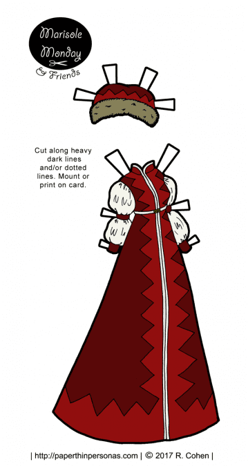 A fantasy winter walking costume for a paper doll based on pelisse of the 1820s from paperthinpersonas.com.