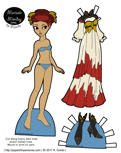 A fantasy warrior queen printable paper doll with tan skin and red hair. Her gown is paired with a breastplate and black boots. Available in black and white or color.