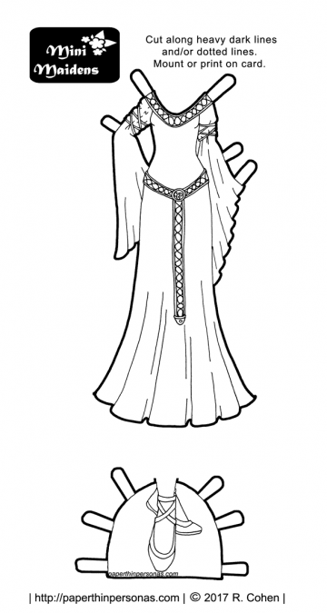 A Lord of the Rings dress for the mini-maiden paper doll coloring sets in black and white. Free to print from paperthinpersonas.com