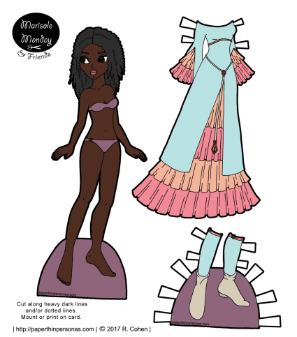 A black printable paper doll with curly hair and her medieval fantasy dress up gown, shoes and stockings. A paper doll to print from paperthinpersonas.com. 