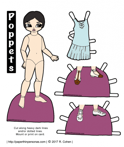 A 1920s paper doll with underwear and two pairs of shoes. Part of the Poppet printable paper doll collection from paperthinpersonas.com.