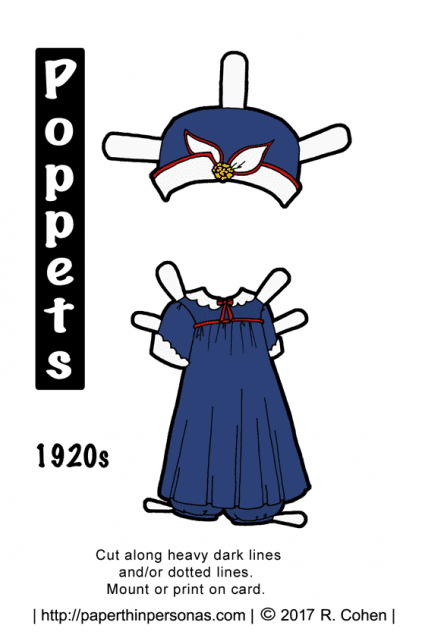 A 1920s playsuit in navy and red for the Poppet printable paper doll series from paperthinpersonas.com.