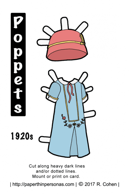 A 1920s inspired paper doll dress for the Poppet printable paper doll series. Free printable in black and white or color from paperthinpersonas.com.