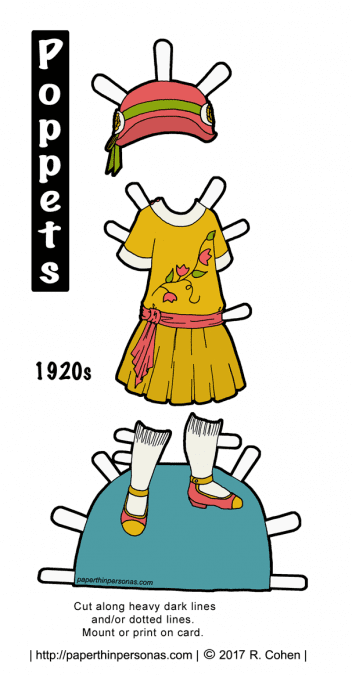 A 1920s child's dress with a matching hat and shoes for the printable paper doll from the Poppet series. Free to print in color or black and white from paperthinpersonas.com. 