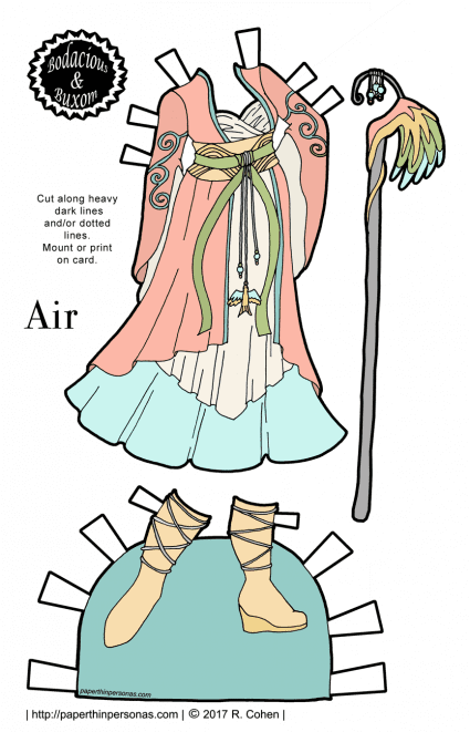 A paper doll fantasy gown inspired by the element Air. It is a pale pink draped coat with flare sleeves over a cream colored under dress over a pale blue under-dress. Over the coat, there is a wide obi like belt with decorations. The boots are pale yellow and there is a staff with a wing design.