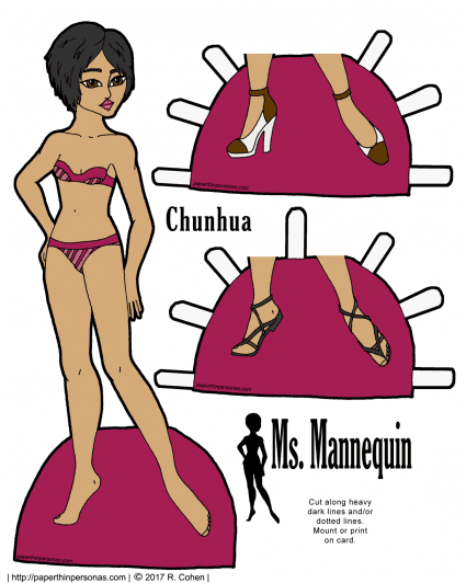 An Asian printable paper doll with short hair and two pairs of shoes. Part of the Ms Mannequin series, she can share clothing with any of the other Ms. Mannequin paper dolls. She's free to print from paperthinpersonas.com. 