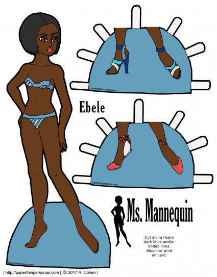 Ebele, a black paper doll, is a model for the Ms Mannequin series. She has a bobbed haircut and two pairs of summery shoes. Free to print in color or black and white.