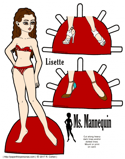 A brunette paper doll template with long wavy hair and fair skin. She comes with two pairs of shoes and fits any of the Ms. Mannequin paper doll clothing.