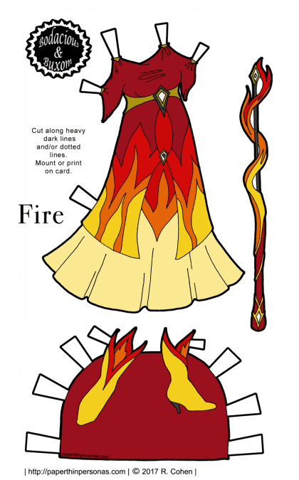 A fire inspired paper doll dress with matching boots. Part of the Sorceress Gowns' Project from paperthinpersonas.com. Free to print in color or black and white. 
