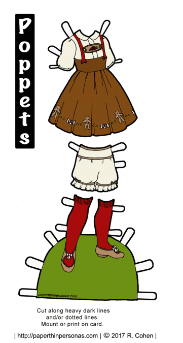A paper doll Gretel costume from the fairy tale Hansel and Gretel featuring a brown jumper, blouse, bloomers and stockings. The paper doll costume can be worn by the Poppets paper doll series. 