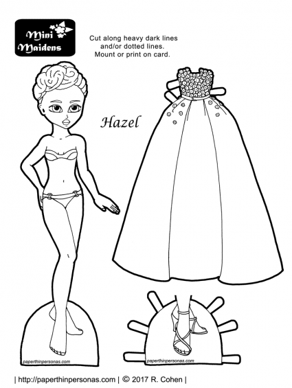 A black paper doll with a natural hair updo and a beautiful evening gown and shoes. A printable paper doll coloring page from paperthinpersonas.com. 